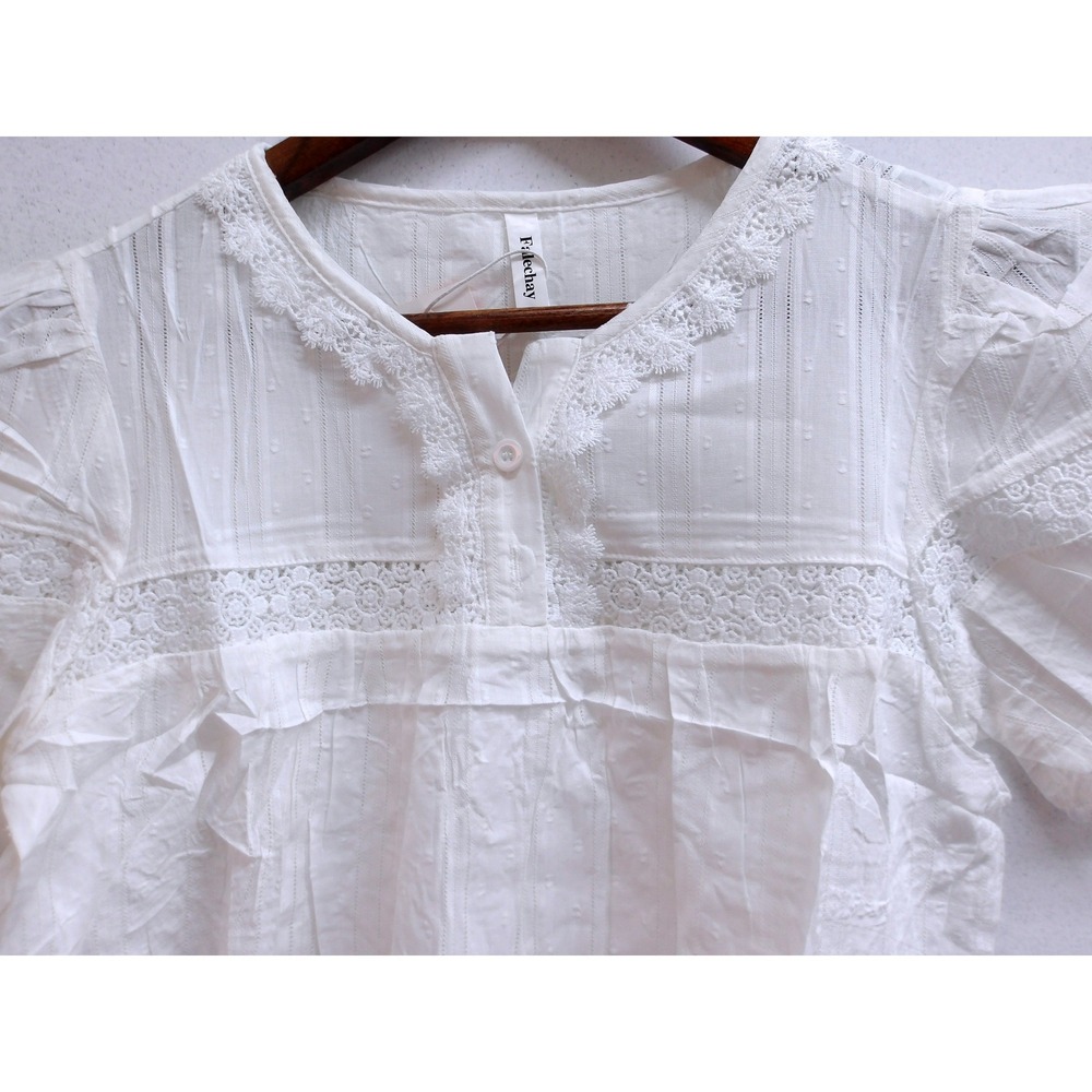 Falechay White Lace Trim Swiss Dot Blouse Short Puff Sleeve Rayon Top M/ #26336 - Picture 2 of 7